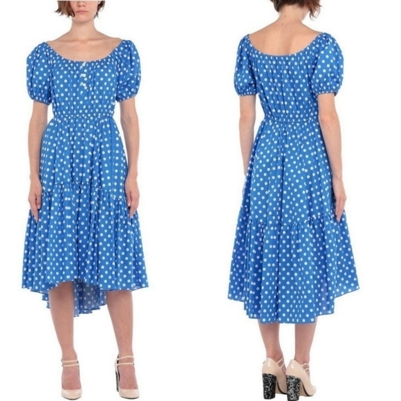 New Caroline Constas Bardot Flounce Polka Dot Blue/White Midi Dress NWT Small - Picture 7 of 15